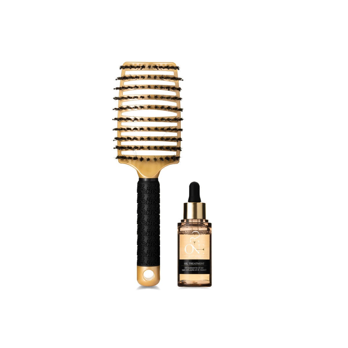 Set for hair ends: gold-colored hair comb and oil for hair ends
