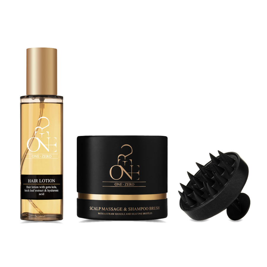 Hair growth promotion set: lotion, scrub, and massage brush